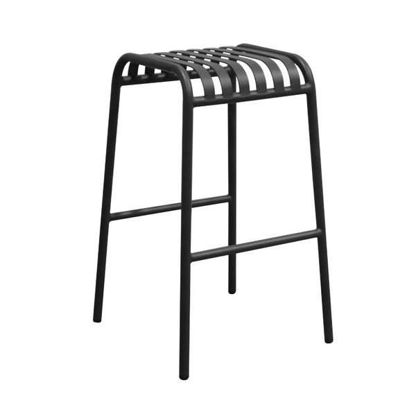 EuroStyle Enid Stackable Outdoor Bar Stools Powder Coated Steel Slat Back Patio Set of 2 Black 90732-BLK