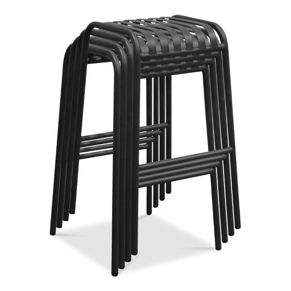 EuroStyle Enid Stackable Outdoor Bar Stools Powder Coated Steel Slat Back Patio Set of 2 Black 90732-BLK