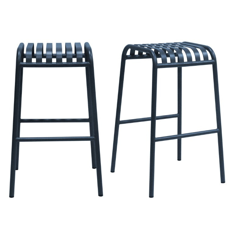 EuroStyle Enid Stackable Outdoor Bar Stools Powder Coated Steel Slat Back Patio Set of 2 Dark Blue 90732-DKBLU