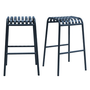 EuroStyle Enid Stackable Outdoor Bar Stools Powder Coated Steel Slat Back Patio Set of 2 Dark Blue 90732-DKBLU