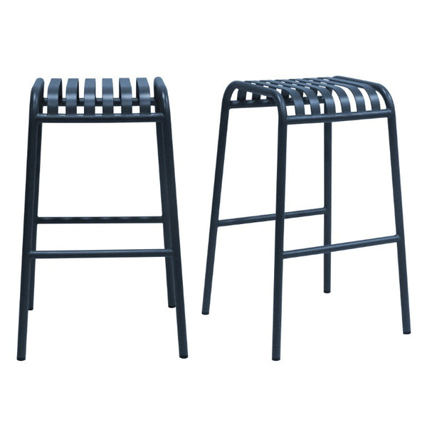 EuroStyle Enid Stackable Outdoor Bar Stools Powder Coated Steel Slat Back Patio Set of 2 Dark Blue 90732-DKBLU