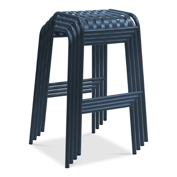 EuroStyle Enid Stackable Outdoor Bar Stools Powder Coated Steel Slat Back Patio Set of 2 Dark Blue 90732-DKBLU