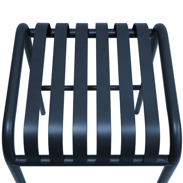 EuroStyle Enid Stackable Outdoor Bar Stools Powder Coated Steel Slat Back Patio Set of 2 Dark Blue 90732-DKBLU