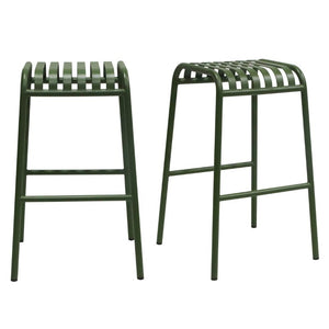 EuroStyle Enid Stackable Outdoor Bar Stools Powder Coated Steel Slat Back Patio Set of 2 Dark Green 90732-DKGRN