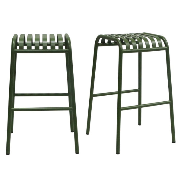 EuroStyle Enid Stackable Outdoor Bar Stools Powder Coated Steel Slat Back Patio Set of 2 Dark Green 90732-DKGRN