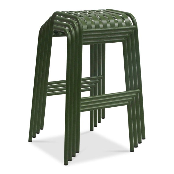 EuroStyle Enid Stackable Outdoor Bar Stools Powder Coated Steel Slat Back Patio Set of 2 Dark Green 90732-DKGRN