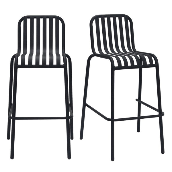 EuroStyle Enid Stackable Outdoor Steel Bar Stools Slat Back Powder Coated Set of 2 Black 90733-BLK