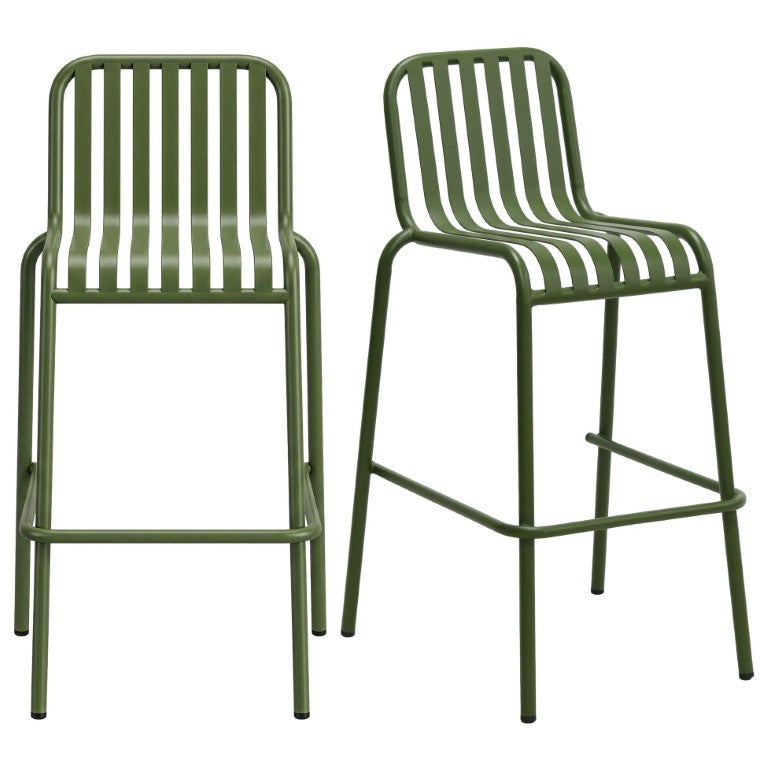EuroStyle Enid Stackable Outdoor Steel Bar Stools Slat Back Powder Coated Set of 2 Dark Green 90733-DKGRN