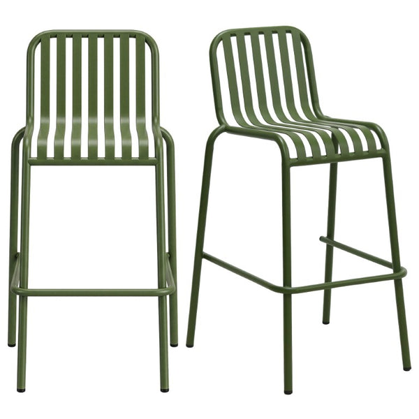 EuroStyle Enid Stackable Outdoor Steel Bar Stools Slat Back Powder Coated Set of 2 Dark Green 90733-DKGRN
