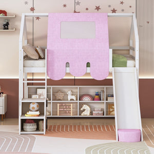 English Elm Twin House Loft Bed with Tent Canopy Slide and Shelves Pinewood Kids Frame White LT000682AAK