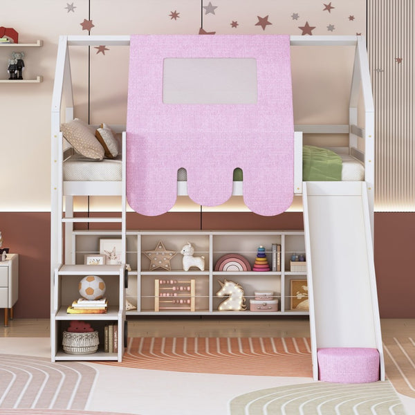 English Elm Twin House Loft Bed with Tent Canopy Slide and Shelves Pinewood Kids Frame White LT000682AAK