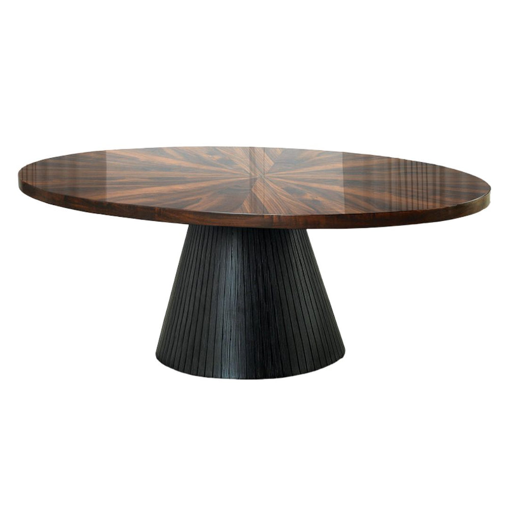 English Elm Contemporary Oval Coffee Table With High-Gloss Parquet Top & Textured Black Drum Base For Living Rooms B2741S00624