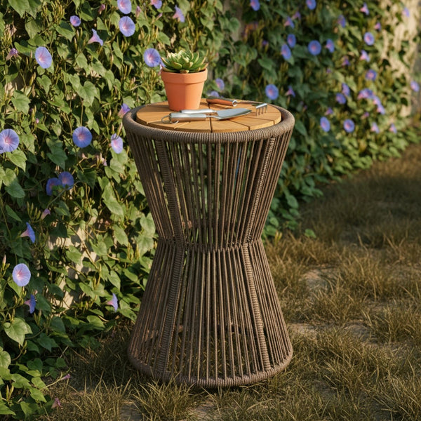 English Elm Outdoor Acacia Wood Top Side Table Woven Rope Iron Frame Hourglass Patio Accent N770P354691D