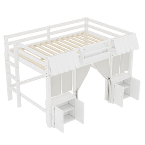 English Elm Full Loft Bed With Bookshelf & Storage - Amusement Park Design, Safety Guardrails, Cozy White Finish W1580S00358