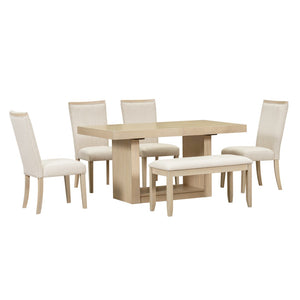 English Elm Topmax Extendable Acacia Wood Pedestal Dining Set with Bench and Upholstered Chairs N717S000054A