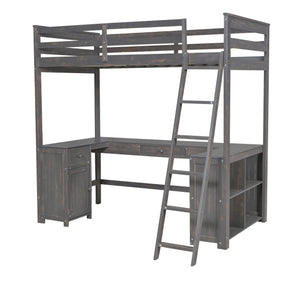 English Elm Twin Loft Bed with U-Shaped Desk, Drawers & Shelves — Antique Brown Twin Work-Study Space, 350lb Capacity GX001038AAD