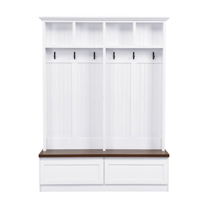 English Elm Rattan Door Hall Tree Bench with 6 Hooks Farmhouse Entryway Storage White+Walnut N721S000076K