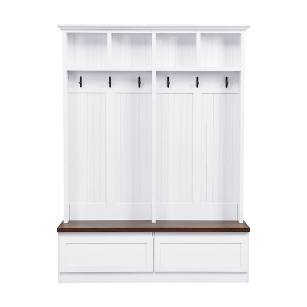 English Elm Rattan Door Hall Tree Bench with 6 Hooks Farmhouse Entryway Storage White+Walnut N721S000076K