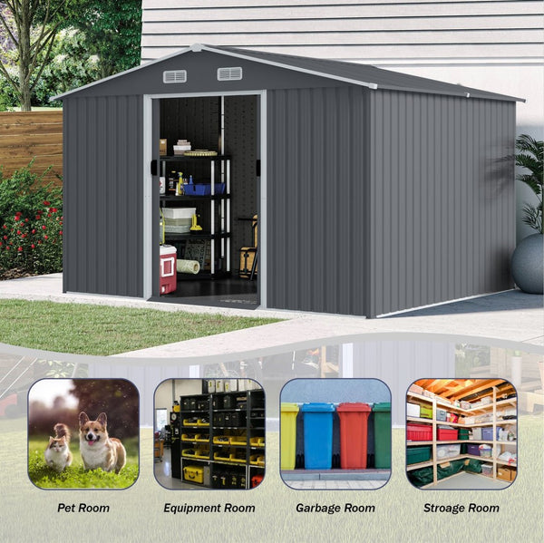 English Elm Outdoor Galvanized Steel Storage Shed 8x10 Ft with Sliding Door and Air Vents W2911S00002