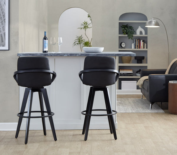 English Elm Fixed-height Swivel Barstools Upholstered Grey Fabric Black Wood Legs Kitchen Set of 2 B202S01896