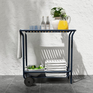 EuroStyle Enid Powder-Coated Steel Rolling Cart with Open Slat Shelves for Patio or Home Dark Blue 90780-DKBLU