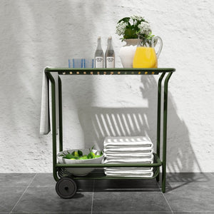 EuroStyle Enid Powder-Coated Steel Rolling Cart with Open Slat Shelves for Patio or Home Dark Green 90780-DKGRN