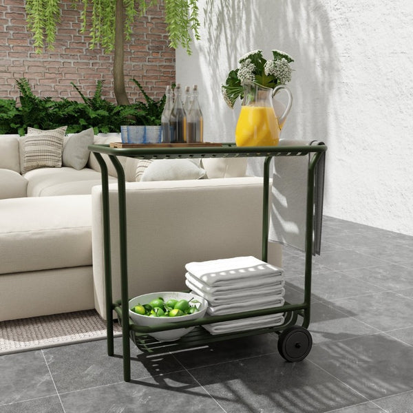 EuroStyle Enid Powder-Coated Steel Rolling Cart with Open Slat Shelves for Patio or Home Dark Green 90780-DKGRN