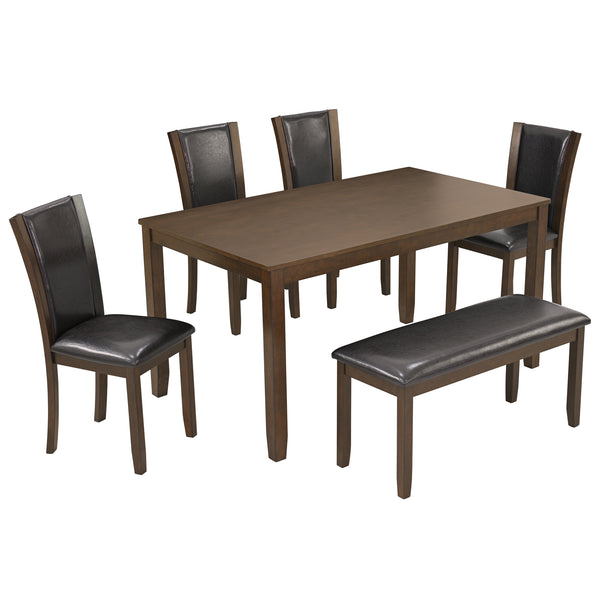 English Elm 6-Piece Farmhouse Dining Table Set With Bench & Chairs, Rustic Dark Walnut Finish For 6 People W1998S00065