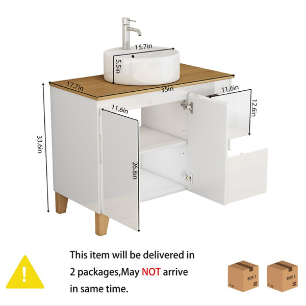 English Elm 36-inch Glossy White Bathroom Vanity with Ceramic Sink Soft Close Drawers Minimalist W3151S00071