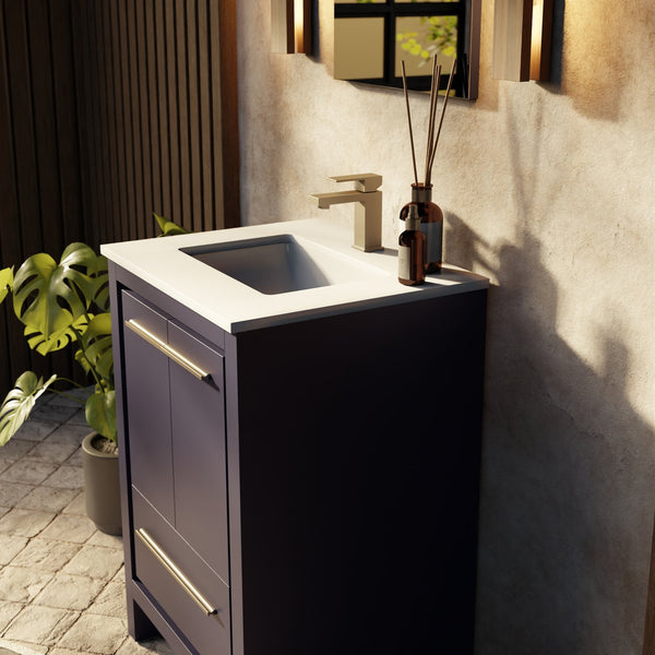English Elm Navy Wood Bath Vanity 24"W x 20"D with White Quartz Top, Soft-Close Storage & 18" Mirror B2731S01474