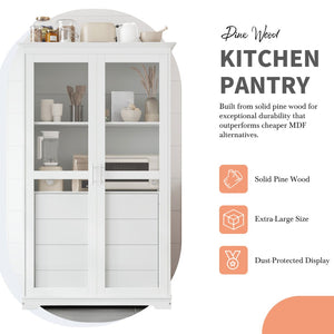 English Elm Topmax Solid Pine Pantry Cabinet with Glass Doors Four Drawers Farmhouse Storage White SP000086AAK