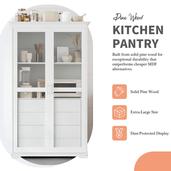 English Elm Topmax Solid Pine Pantry Cabinet with Glass Doors Four Drawers Farmhouse Storage White SP000086AAK