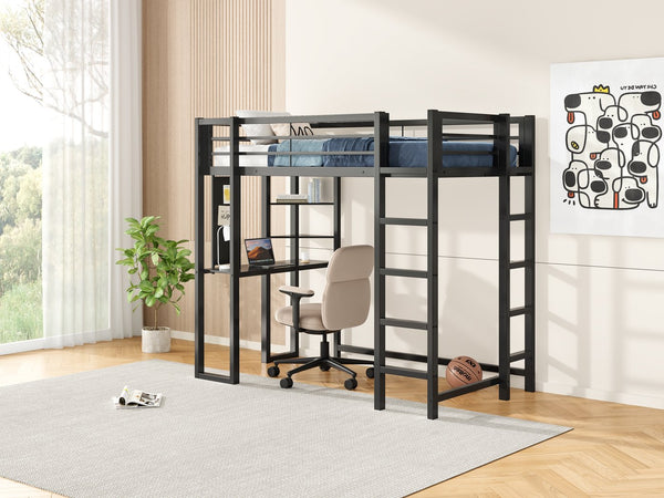 English Elm Loft Bed With Desk And Storage, Metal Twin Loft Frame For Kids Teens - Stylish Space Saver In Black W2904S00002