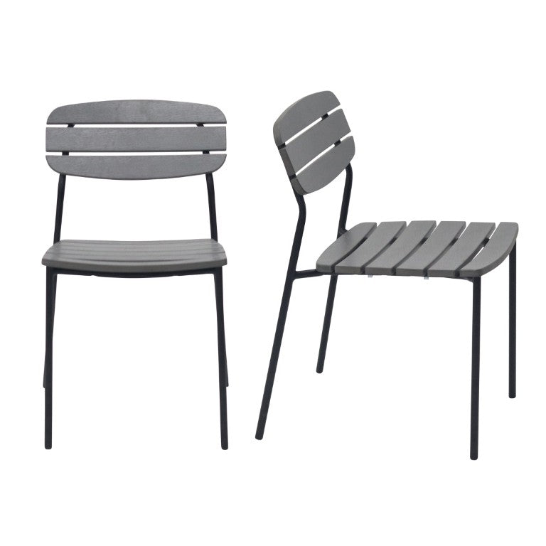 EuroStyle Kalmar Stackable Outdoor Side Chairs Steel Frame Resin Wood Slat Patio Set of 2 Dark Gray 90790-DKGRY