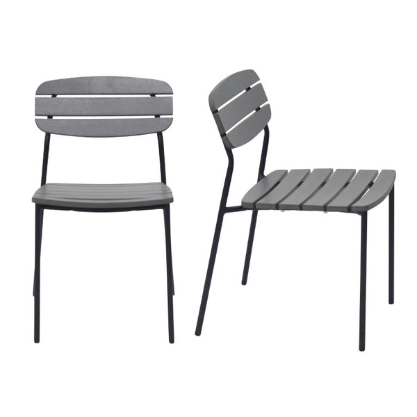 EuroStyle Kalmar Stackable Outdoor Side Chairs Steel Frame Resin Wood Slat Patio Set of 2 Dark Gray 90790-DKGRY