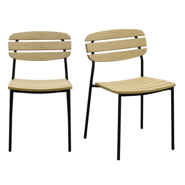 EuroStyle Kalmar Stackable Outdoor Side Chairs Steel Frame Resin Wood Slat Patio Set of 2 Natural 90790-NAT