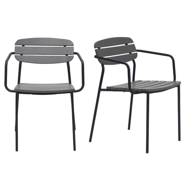 EuroStyle Kalmar Stackable Outdoor Armchair Set Resin Slatted Powder Coated Steel Patio Seating Dark Gray 90792-DKGRY