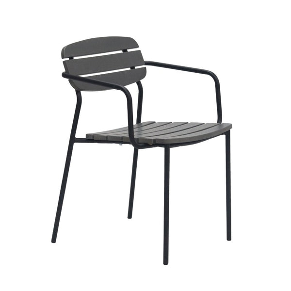 EuroStyle Kalmar Stackable Outdoor Armchair Set Resin Slatted Powder Coated Steel Patio Seating Dark Gray 90792-DKGRY