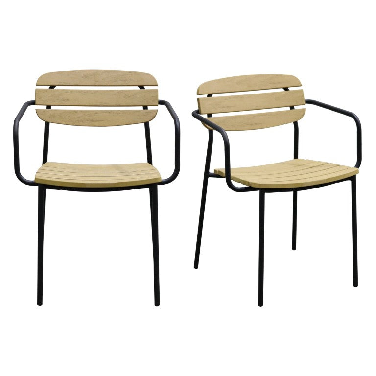 EuroStyle Kalmar Stackable Outdoor Armchair Set Resin Slatted Powder Coated Steel Patio Seating Natural 90792-NAT