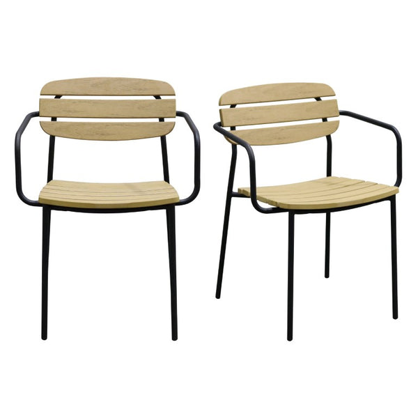 EuroStyle Kalmar Stackable Outdoor Armchair Set Resin Slatted Powder Coated Steel Patio Seating Natural 90792-NAT
