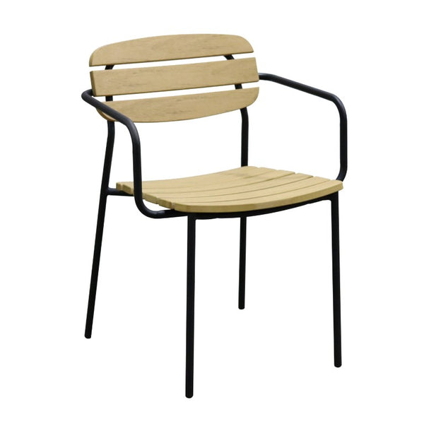 EuroStyle Kalmar Stackable Outdoor Armchair Set Resin Slatted Powder Coated Steel Patio Seating Natural 90792-NAT