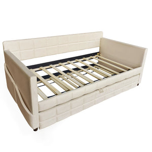 English Elm Modern Velvet Twin Daybed with Pull Out Trundle and Built in Armrest Storage Pockets Beige SF000200AAA