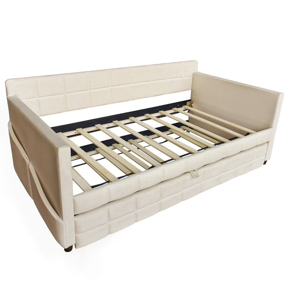 English Elm Modern Velvet Twin Daybed with Pull Out Trundle and Built in Armrest Storage Pockets Beige SF000200AAA