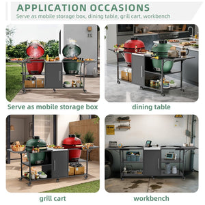 English Elm Outdoor Dual Kamado Grill Cart with Stainless Steel Top Iron Frame and Storage Cabinet W3190P328545