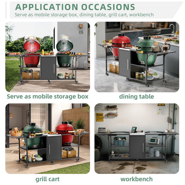 English Elm Outdoor Dual Kamado Grill Cart with Stainless Steel Top Iron Frame and Storage Cabinet W3190P328545