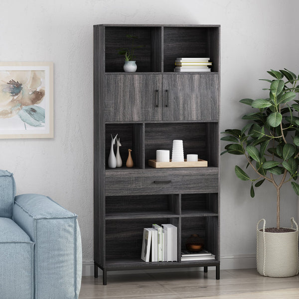 English Elm Christopher Knight Home® - CUBE Contemporary Cube Unit Bookcase in Grey Oak with Faux Wood, Iron Legs, Shelves, Drawer & Cabinets 66446.00