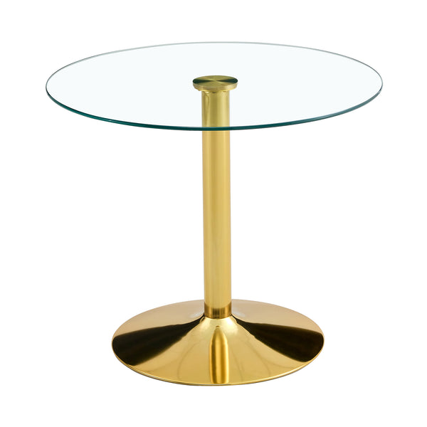 English Elm A 35-inch tempered glass round dining table with gold metal legs, modern minimalist design, seats 4-6 comfortably W1512P381456