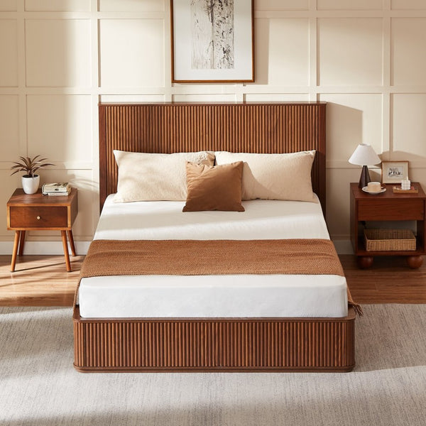 English Elm Natural Fluted Wood Platform Bed Minimalist Queen Frame with Tall Curved Headboard Walnut W5219S00001