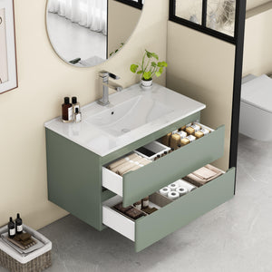 English Elm 32-Inch Wall-Mounted Bathroom Vanity With Integrated Ceramic Sink, Soft-Close Drawers & Modern Green Finish W3151S00044