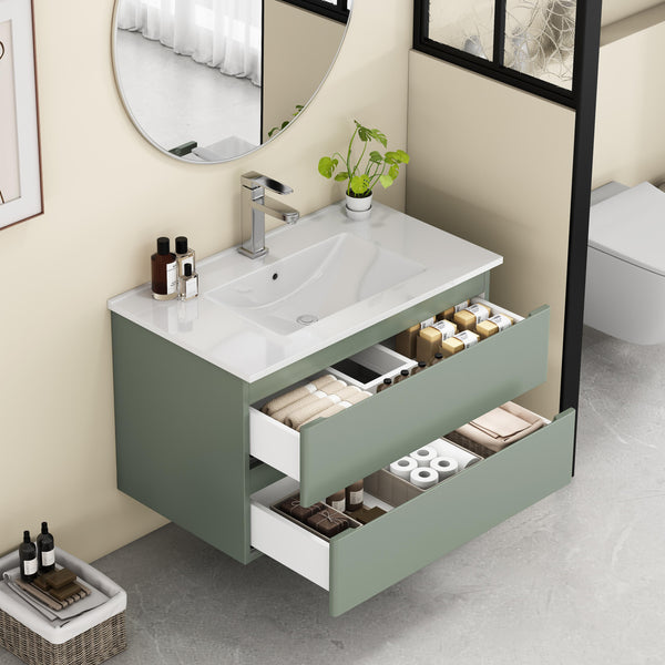 English Elm 32-Inch Wall-Mounted Bathroom Vanity With Integrated Ceramic Sink, Soft-Close Drawers & Modern Green Finish W3151S00044